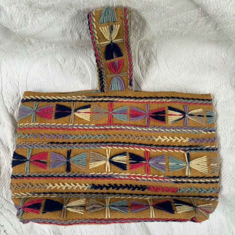 Vintage 70s Wool EMBROIDERED BURLAP TOTE Bag Craft Kit